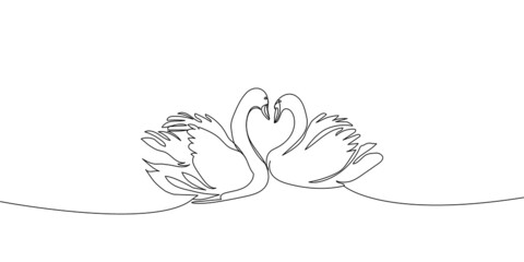 Two swans continuous line drawing. One line art of time of love, couple, heart, hugging, birds, family, relationship, lovers, symbolism.