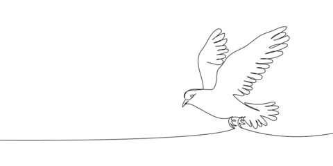 Dove flies continuous line drawing. One line art of time of love, birds, relationship, lovers, wings, fly, ease, feelings, pigeon, crow, jay, good, symbolism.