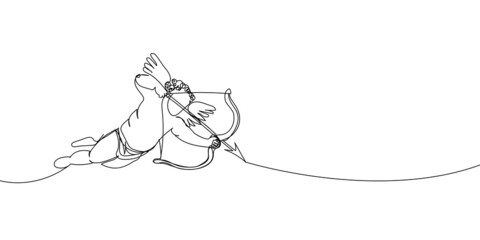 Cupid shoots arrows from a bow continuous line drawing. One line art of love, relationship, lovers, wings, fly, feelings, angel, cupid, protector of lovers, symbolism, valentine.