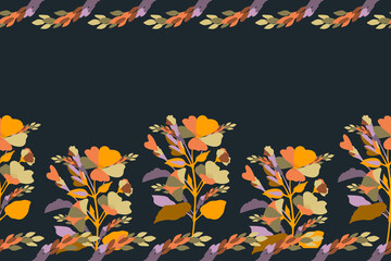 Vector floral seamless pattern, border. Horizontal panoramic design with colorful flowers, spikelets, twigs and leaves.