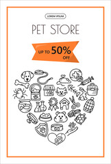 Doodle vector pet banner. Icons for the pet store, nursery. Hand drawn sketch illustration of dog and pet accessories elements bone, food, leash, training, caring, grooming a dog