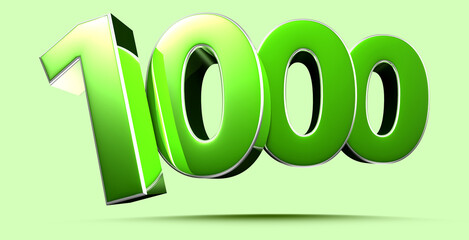 Number 1000 green 3D illustration light green background with clipping path.