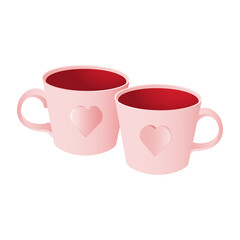 Pink cups with application heart. Wedding or Valentine's Day concept. Vector illustration.