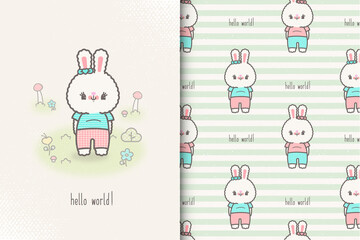 easter card with bunny and seamless pattern