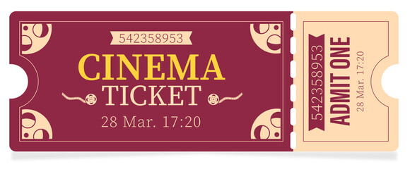 Cinema tickets with emblem, specified date and place, control code coupon documents. Vector illustration isolated on white background - obrazy, fototapety, plakaty