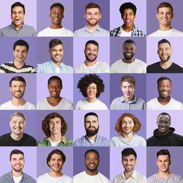 Male avatars, set of mens photos on purple backgrounds