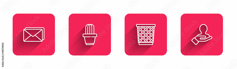 Poster set line envelope, cactus and succulent in pot, trash can and hand for search people with long shado