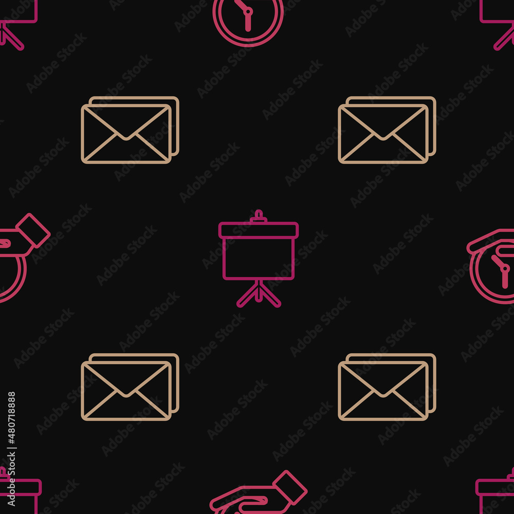Poster set line clock, envelope and chalkboard with diagram on seamless pattern. vector