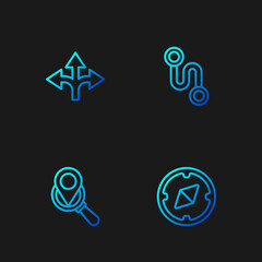 Set line Compass, Search location, Road traffic sign and Route. Gradient color icons. Vector