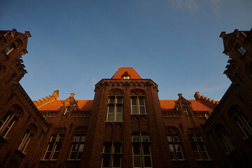 Facade of an old historic building in the historic city centre of Bruges in Belgium