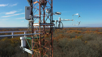 Eddy covariance station science, sunshine pyranometer, measurement incoming diffuse solar radiation, consist sonic anemometer scientific tower research gas analyzer wind relevant gas fluctuations - obrazy, fototapety, plakaty