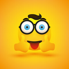 Smiling Happy Young Male Emoji with Hair, Pop Out Wide Open Big Blue Eyes and Glasses Showing Double Thumbs Up - Simple Happy Emoticon on Yellow Background - Vector Design