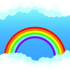 Rainbow and Cloud in The Sky. Cartoon Flat Design Style. Vector illustration of color rainbow's lines and clouds. Symbol of nature, clear, summer. Flat style concept Vector illustration
