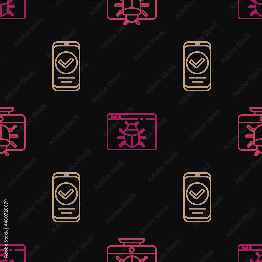 Poster set line system bug on monitor, smartphone and on seamless pattern. vector