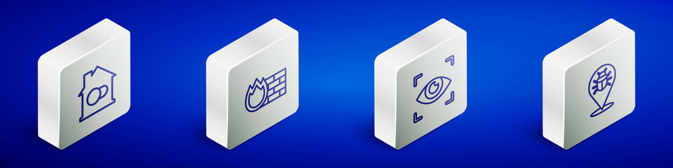 Set Isometric line Smart home, Firewall, security wall, Eye scan and System bug icon. Vector
