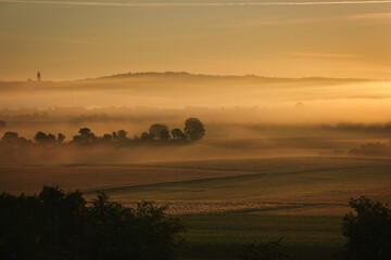 Fototapeta na wymiar Morgendliche Stimmung mit Nebelüber Feldern