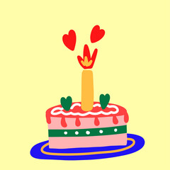 Valentine's Day cake hand-drawn in the style of the 60s- 70s. Vector icon