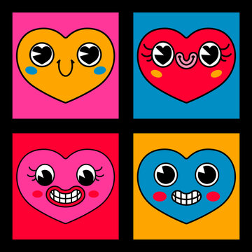 Set of stickers with cartoon hearts. Bright images of hearts with faces in retro doodle style. A fun sticker pack for Valentine's Day. Vector illustration.