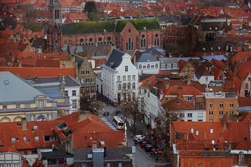 High angle landscape in the historic city centre of Bruges in Belgium