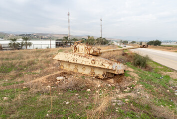 Fototapeta na wymiar Destroyed Israeli tank is after the Yom Kippur War near Mehola village in the Palestinian territory in Israel