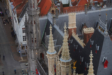 High angle landscape in the historic city centre of Bruges in Belgium