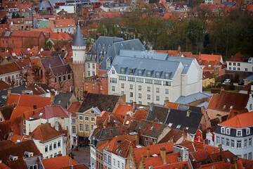 High angle landscape in the historic city centre of Bruges in Belgium