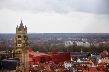 High angle landscape in the historic city centre of Bruges in Belgium