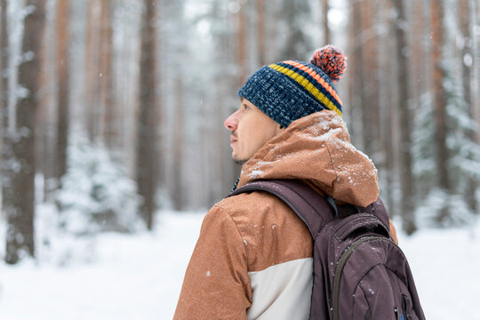 Rear view of young man in knitted hat with backpack walking in snowy forest in winter , snowing hiking