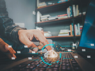Man presses download button cloud.Cloud computing is system for sharing download and upload big...