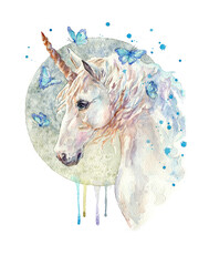 Watercolor hand-painted realistic white unicorn illustration isolated on white background © Natalia