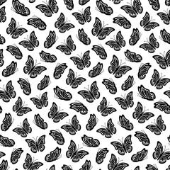 Monarch butterfly seamless pattern for fabric design. Fashion style black butterfly shapes for print gift paper, greeting cards and decoration. Side view vector decor elements