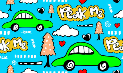 Seamless pattern with hand drawn cars, cloud,heart and tree.for kids fabric,wrapping, textile, nursery wallpaper.Scandinavian style.wallpaper.Scandinavian style.