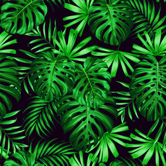 Naklejka na ściany i meble Rainforest summer print with palm and monstera leaves