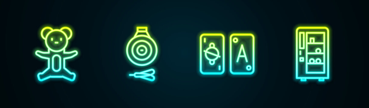 Set line Teddy bear plush toy, Classic dart board and arrow, Tarot cards and Vending machine. Glowing neon icon. Vector