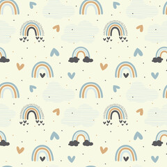 Rainbows and hearts pastel seamless pattern. Rainbow with clouds hand drawn doodle cute baby or kids print.