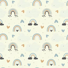 Wall murals Rainbow Rainbows and hearts pastel seamless pattern. Rainbow with clouds hand drawn doodle cute baby or kids print.