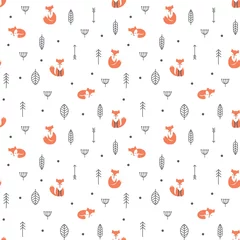Afwasbaar behang Red fox cartoon en bos naadloze patroon. Etnisch ontwerp met vos, veren en bladeren, oranje en zwarte kleur. © Tsvetina