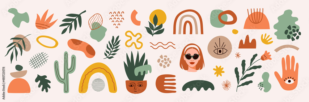 Poster Vector set of abstract geometric shapes and objects. Trendy organic and minimalistic design for banner, cover, wallpaper, stories background. Horizontal background