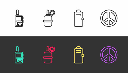 Set line Walkie talkie, Hand grenade, Police assault shield and Peace on black and white. Vector