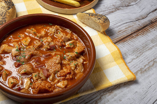 Traditional homemade and typical tripe recipe Madrid style with bread and French fries