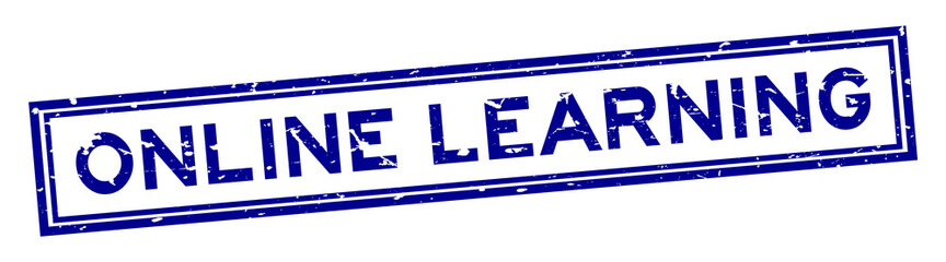 Grunge blue online learning word sqaure rubber seal stamp on white background
