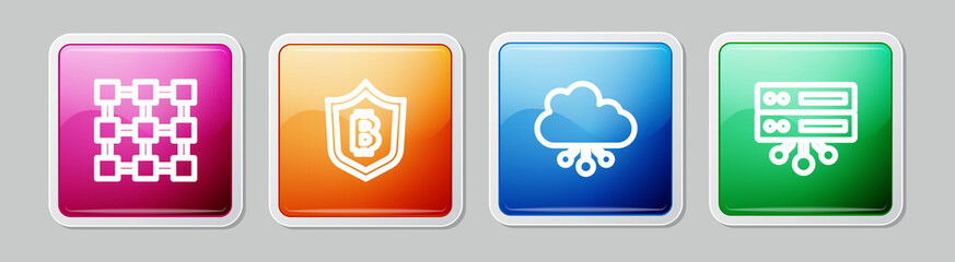 Set line Blockchain technology, Shield with bitcoin, Cryptocurrency cloud mining and Server. Colorful square button. Vector