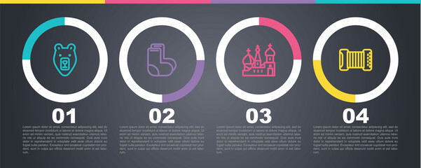 Set line Bear head, Valenki, Saint Basil's Cathedral and Accordion. Business infographic template. Vector