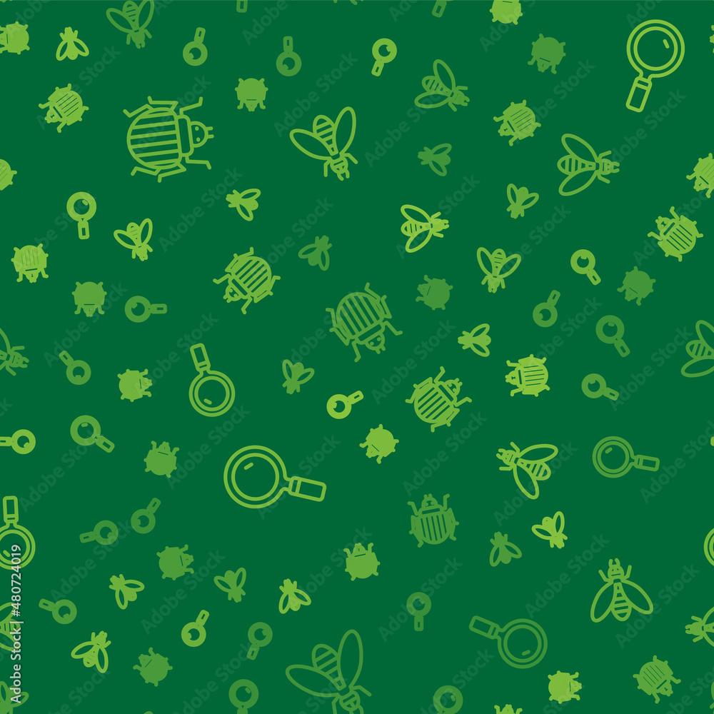 Poster set line colorado beetle, magnifying glass and bee on seamless pattern. vector