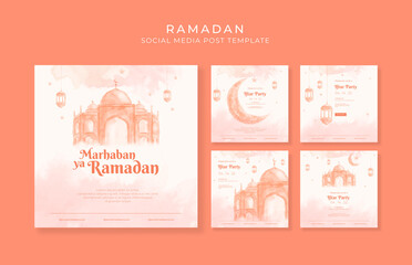 Beautiful watercolor ramadan social media post template