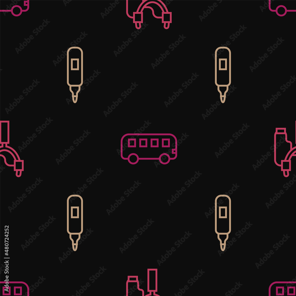 Poster set line slingshot, marker pen and bus toy on seamless pattern. vector
