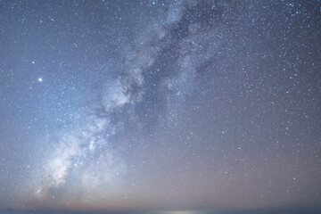 Milky Way on a moonless night and various constellations and stars across the sky after sunset in...