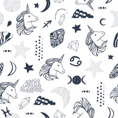 Seamless pattern with unicorns and magic items.