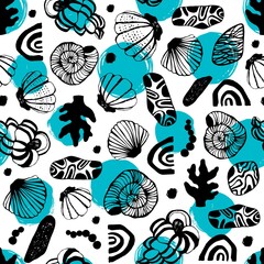 Seamless pattern with seashells. Vector background. - 480724821