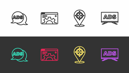 Set line Advertising, Browser setting, Target sport and on black and white. Vector